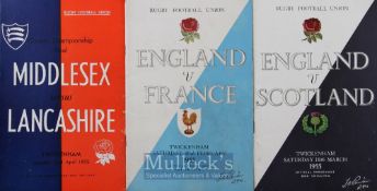1955 Trio of Rugby Programmes, England v France & v Scotland and County Championship Final,