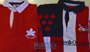 1980s/1990s Two vintage replica Canada Rugby jerseys: Both in red and white designs, one 46”