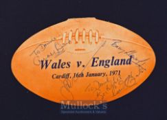 Wales v England 1971 Signed Rugby Dinner Menu: The attractive orange rugby-ball shaped Welsh example