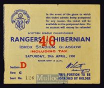 1950 Rangers v Hibernian Football Ticket Scottish League at Ibrox, Glasgow, date 29 Apr, lights
