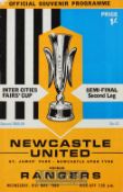 1968/69 Signed Inter Cities Fairs Cup semi-final match programme Newcastle Utd v Glasgow Rangers