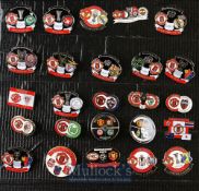 Collection of Manchester Utd enamel badges covering champions league matches, European league and