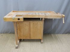 Vintage woodworking workbench with vice and storage cupboards, H80 x L135cm
