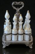 Richardson's opaline glass seven piece cruet set with gilt decoration named for salad oil,