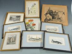 Quantity of pictures to include watercolour street scene, local interest engravings, engravings of