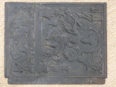 Swedish cast iron panel with relief decoration of a Queen on throne with shield and seashells below,