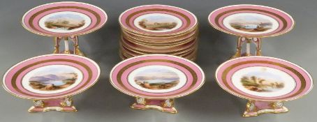 Aynsley 1886 hand decorated dessert service of 12 plates and five tazzas, mostly decorated with lake