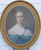 Oval watercolour, with label verso 'Marquise de Pompadour painted specially by R.J Westley (