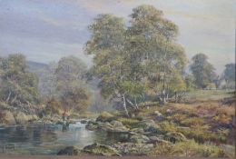 Don Vaughan (British b1916) acrylic on canvas of figures fishing at the head of a pool with silver