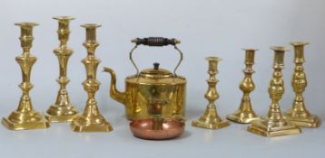 A quantity of brass ejector candlesticks etc including pairs