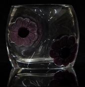 Daum Coppelia clear glass vase with applied pink and purple pate de verre flowers, 12cm tall.