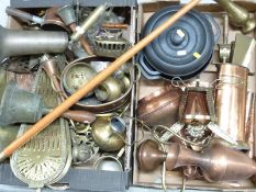 Large collection of copper and brassware including vintage hand bell, retro companion set, cast iron