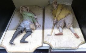 Two relief moulded figural plaques of a golfer and fisherman, probably Capodimonte, 60cm tall