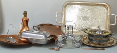 A collection of plated ware and copper including twin handled tray, cruet etc