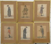 Six early 19thC etchings by Dighton including Noble Student of Oxford, a View from Chatham Row Bath,