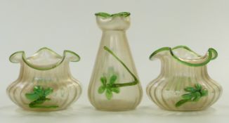 Kralik applied flowers iridescent glass trio of three vases with fluted bodies and green floral