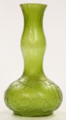 Kralik Art Nouveau glass double gourd vase with crackle decoration over green ground, 25cm tall.