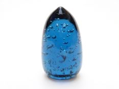 Nailsea type blue glass controlled bubble dump paperweight, 16cm tall.