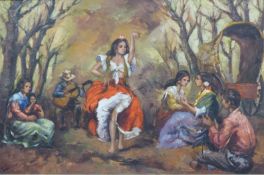 Oil on canvas of gypsy dancers, indistinctly signed lower left, 59 x 89cm
