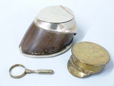 A horse's hoof trinket box with plated mounts, impressed 'Contract, died 1893', a brass WW1 trench