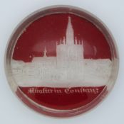 Flash overlaid cut glass paperweight with engraved decoration of a religious building entitled '