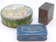 Three Huntley and Palmers biscuit tins including 'naughty bits' with copulating dogs and people