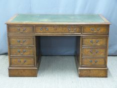 Burr oak or elm twin pedestal desk with tooled leather inset top and filing drawer formed two