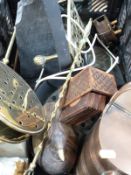 Brass and cast iron chestnut roasters, copper watering can, brass trivets, brass spit turner,