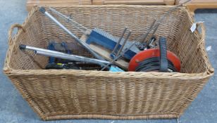 Twin handled log basket, length 93cm and a quantity of tools including a cordless drill