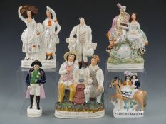 Six Staffordshire figures including Robert Burns, Napoleon, Tam o'shanter and Scooter Johnny,