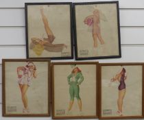 Five vintage framed glamour calendar images, circa 1948, marked Petty, each approximately 27x22cm
