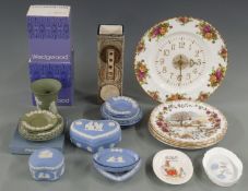 Troika vase, Royal Albert Old Country Roses Four Seasons plate and clock, Wedgwood Jasperware etc