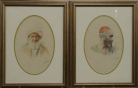 Pair of 19th/20thC watercolours of Eastern figures possibly Afghan, signed indistinctly possibly