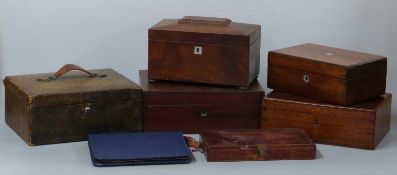 Leather covered jewellery box, two division tea caddy, vintage paint box, further inlaid box etc