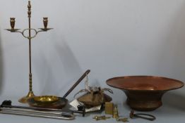 An Eastern copper bowl, brassware, candlestick, bronze lock, metal Myths bowl by Liam Shortridge '