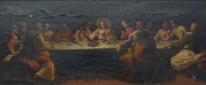 19thC oil on canvas Last Supper, 38 x 86cm, Ryman & Co, Fine Art Dealer label verso