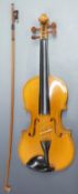 Lark full size late 20th century violin in blonde lacquered finish, two piece 35.5cm back,