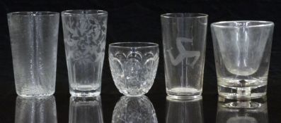 Five 19thC and later clear glass tumblers, some with engraved decoration, one in the style of