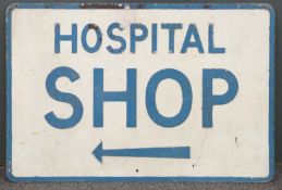Vintage pressed aluminium hospital shop sign with arrow below text 46 x 68.5cm