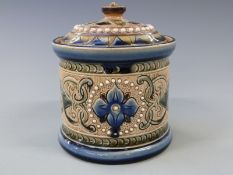 Fulham pottery lidded tobacco jar with incised signature to base, 13cm tall