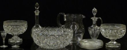 Fifteen pieces of clear cut glassware including a large jug, side plates, decanter and matching