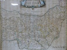 Robert Morden 18th century map of Suffolk, 37 x 43cm