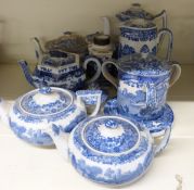 Spode Italian pattern collection of teapots, unusual tea caddy, teapot stand and three handled