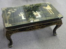 Oriental Shibayama style coffee table with glass top, H48 x L92 x 52cm