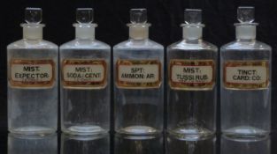 A set of five chemists/ pharmacy glass apothecary bottles with gilt labels including Mist Tussi