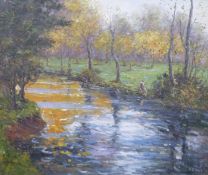 A J Dale oil on canvas of a river scene, 49.5 x 60cm
