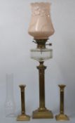 Victorian oil lamp with pink glass shade and Messenger's no 2 burner, with matching brass Corinthian