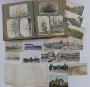 An Edwardian postcard album of mainly maritime subjects including sailing ships, liners,