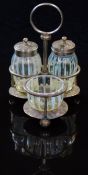 Vaseline or straw opal glass three piece cruet set, possibly James Powell on Frank Mills & Co silver