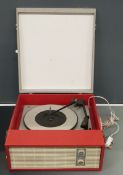 Dansette style 1960's portable record player in red and grey finish